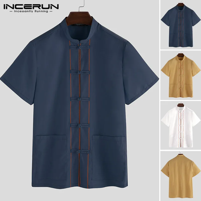 INCERUN Summer Chinese Style Shirts Men Button Blouse Man Ethnic Kungfu Stand Collar Shout Sleeve Tops Vintage Shirts Garment