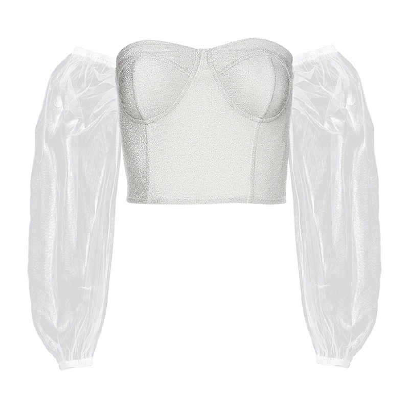 

European and American ins wind blingbling slim tube top net gauze long beard navel t-shirt women