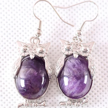 

Jewelry Gift for Women Dangle Earrings Natural Gem Purple Crystal Oval CAB Cabochon 16x28MM Silver Animal Owl Earring 1Pair U089