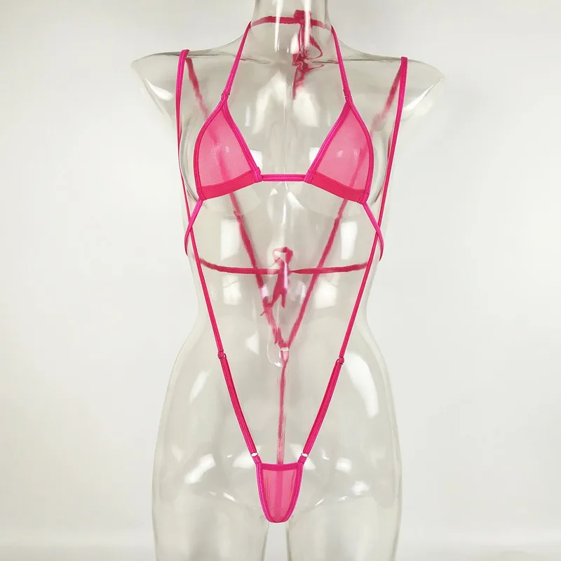 

Women Sexy Mini Micro Bikinis Swimwear Set Strap Two Pieces Swimsuit Mesh Transparent Bathingsuit Beach Sunbath Top + Bottoms