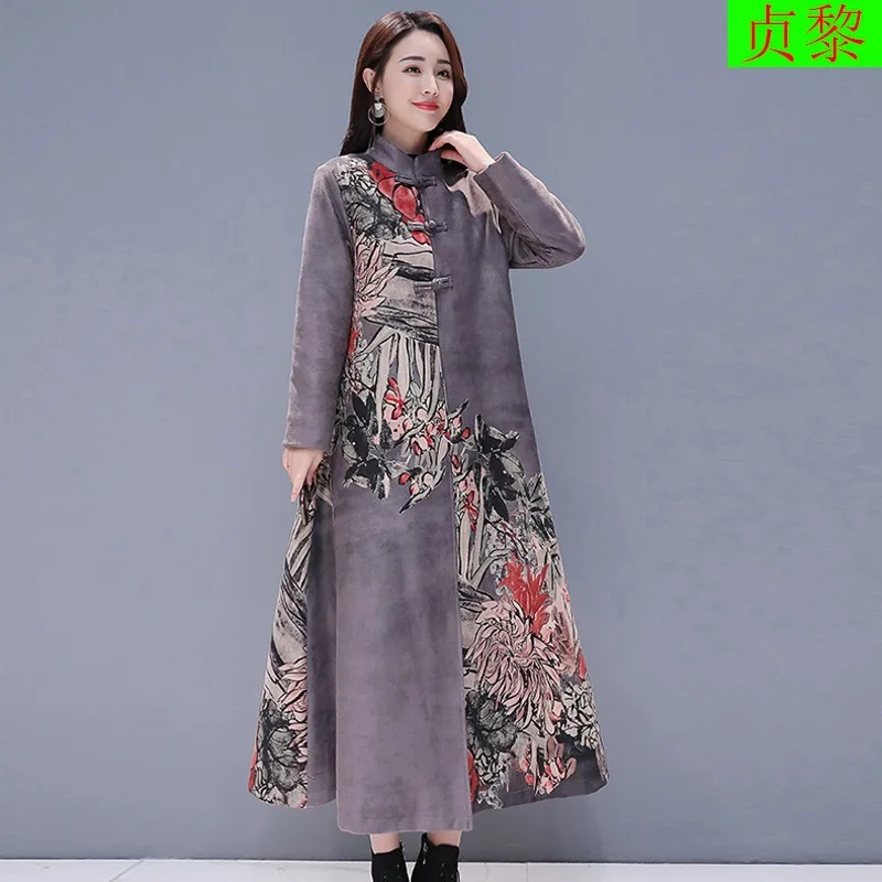 

2018 Winter New Style WOMEN'S Dress Korean-style Retro Chinese-style Exta-long over-the-Knee Thick plus Velvet Cotton-padded Clo