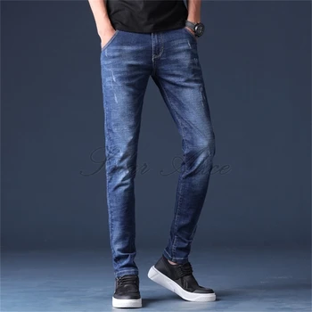 

Free shipping 2020 men's four seasons new feet jeans classic simple elastic claw pattern slim pencil casual pants
