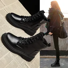 

Black Martin Boots Female 2021 New British Side Zipper Ankle Boots Thick Bottom Plus Velvet Thin Cotton Boots Motorcycle Boots
