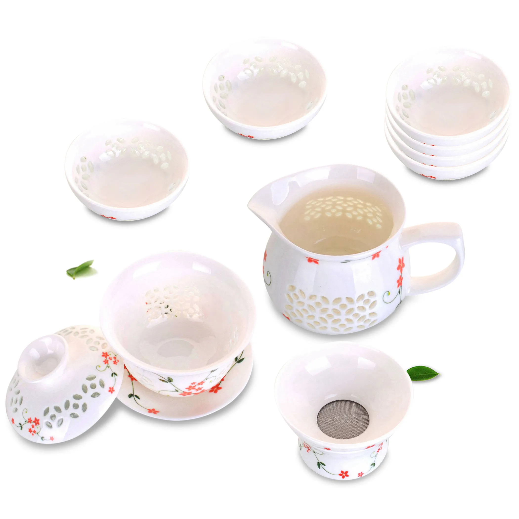 

9in1 Porcelain Gongfu Tea Set - 140ml Gaiwan Cup + Pitcher + Filter +6 Cup - Red