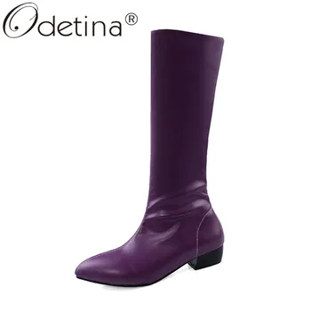

Odetina Fashion Women Chunky Low Heel Candy Color Mid Calf Boots Pointed Toe Slip On Autumn Winter Slim Half Boots Big Size 48