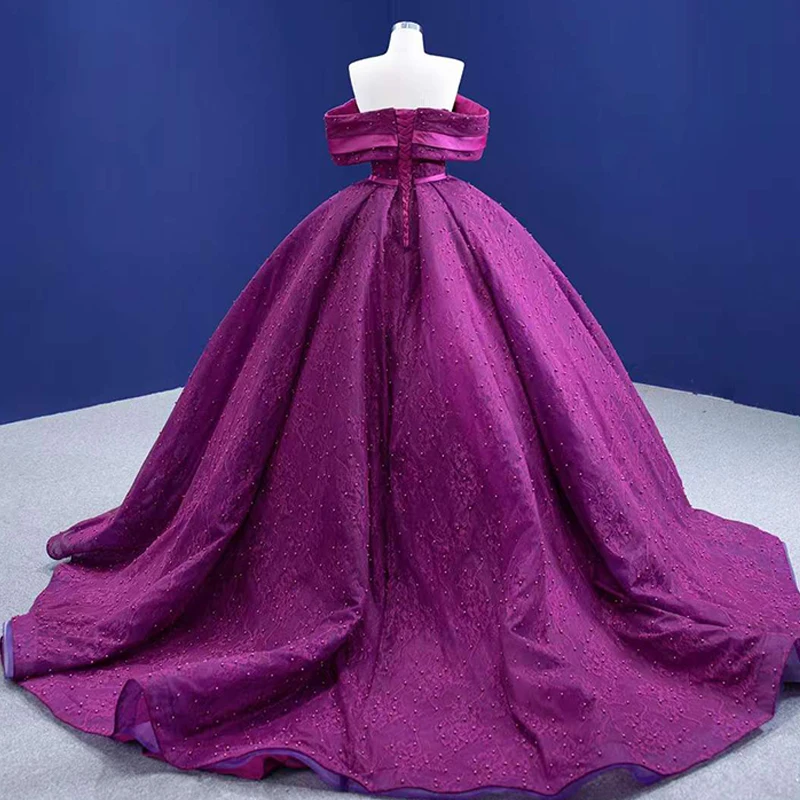RSM67370 Fuchsia Evening Dress One-way Neckline Sunken Shoulder Sleeves Beaded Ball Banquet Vestido De Debutante Longo 2