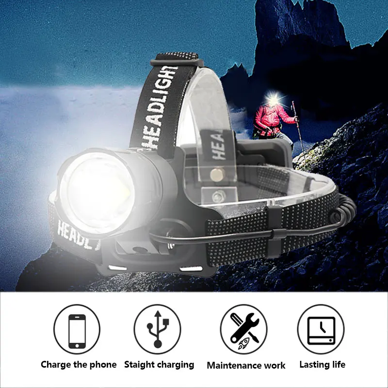 1500-1800LM XHP70 LED Headlight USB Rechargeable Headlight 30W Telescopic Zoom Head Torch For Camping Hunting Night Fishing