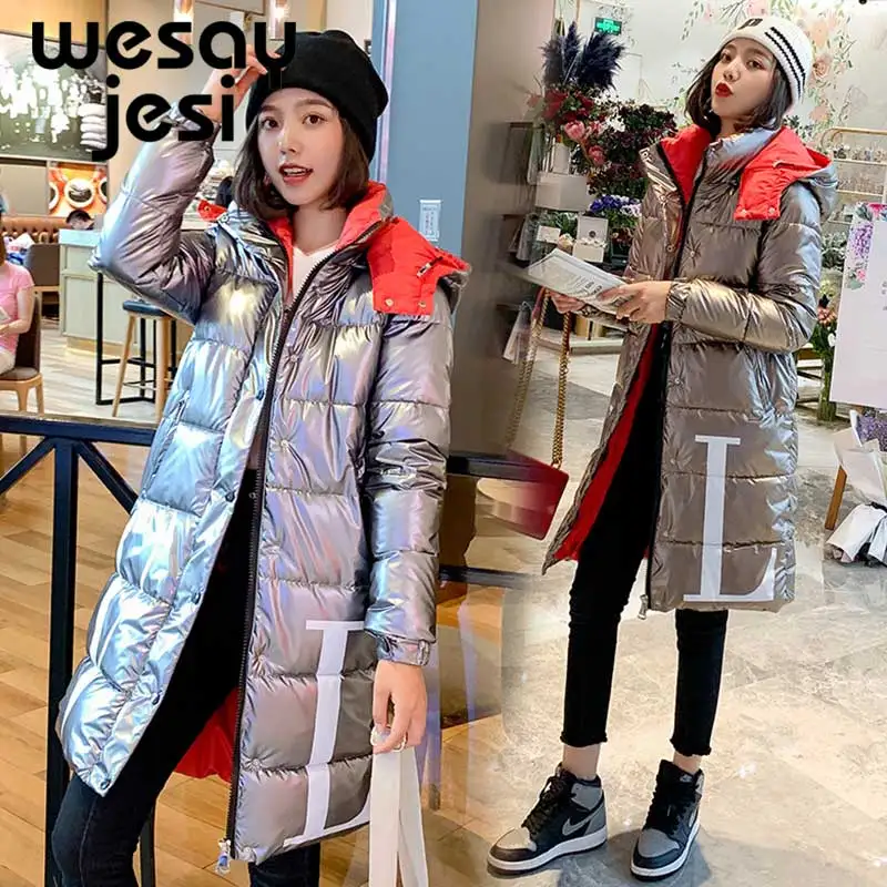

Winter jacket Women Fur collar 2019 long Women jackets Hooded Parka Jacket coat parkas outwear plus size Glossy parkas