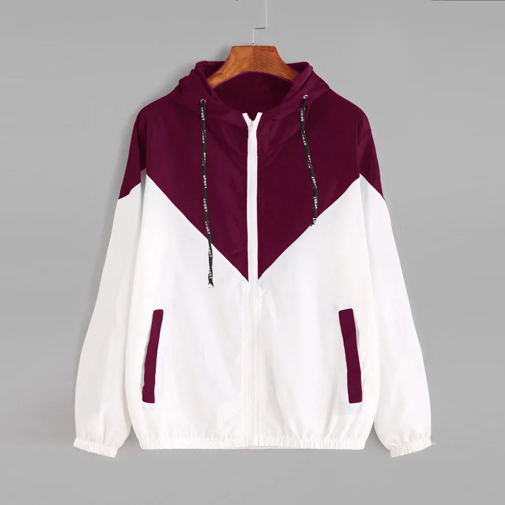 Autumn Female Jacket Women Long Sleeve Coat Patchwork Thin Skinsuits Hooded Zipper Pockets Sport Coat Outdoor Leisure Jackets