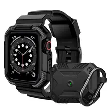 Rugged Armor Strap Band With Case For Apple Watch 44mm 42mm Series 6 SE 5 4 With Black Matte Case for Airpod Pro Cover