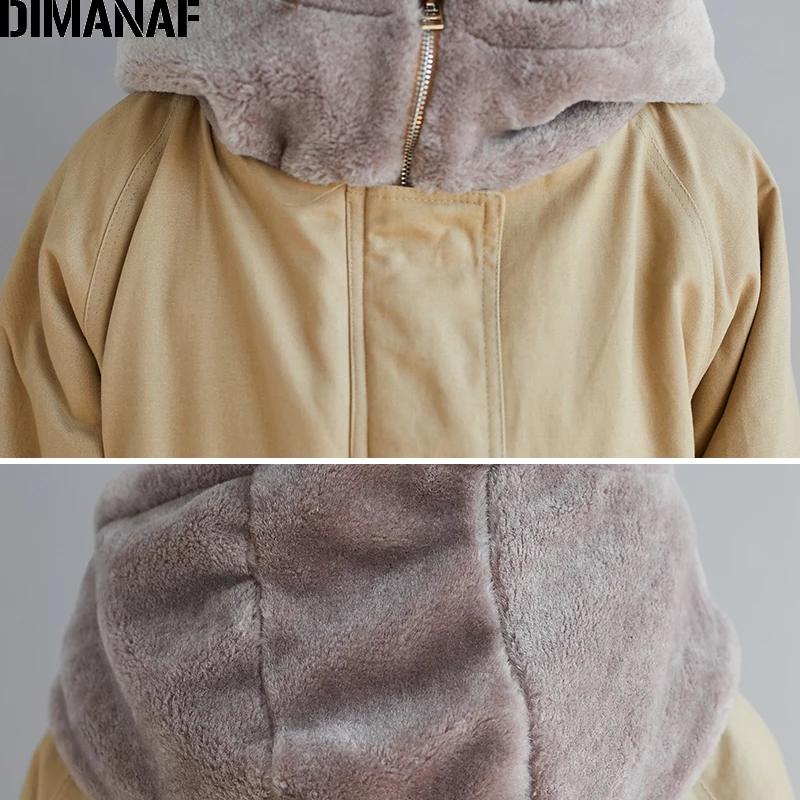 DIMANAF/Женская куртка большого размера, пальто, зимняя кашемировая утепленная куртка на молнии с капюшоном, женская верхняя одежда, теплая свободная одежда больших размеров