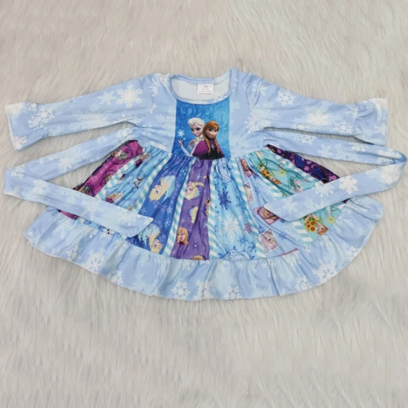 Платье для маленьких девочек милый сестра принт длинные рукава, в горошек, рюши Пояс дизайн колокол прекрасный снежный узор вертеть панель Эксклюзивное Платье для маленькой девочки