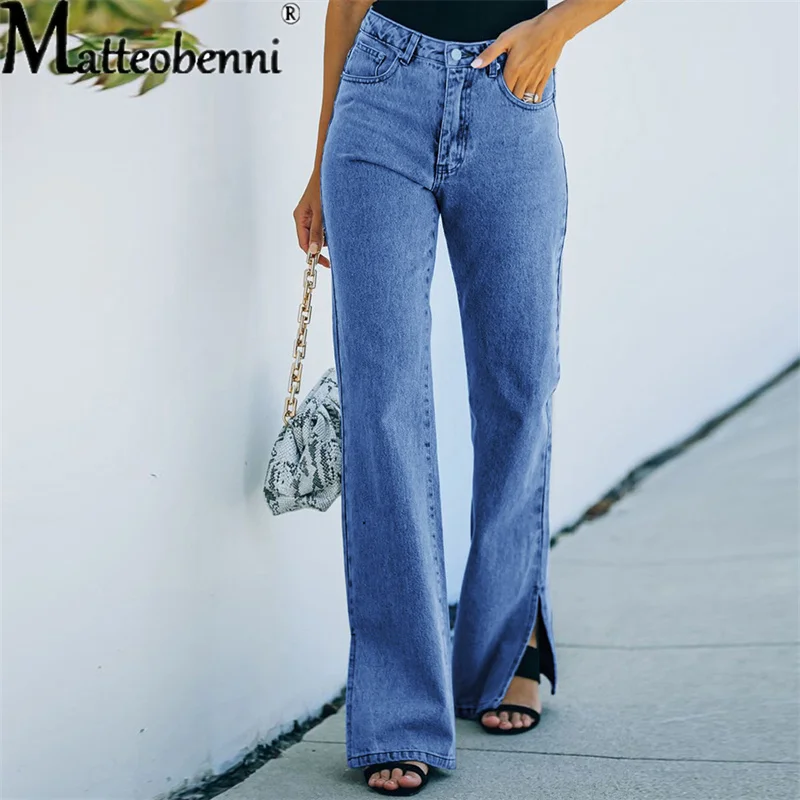 Women's Straight Split Jeans 2021 New Autumn Female Clothes High Waist Vintage Casual Streetwear Washed Ladies Denim Trousers