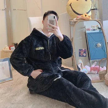 

Couple Home Clothing Intimate Lingerie Flannel Hooded Sleep Set Black 2PCS Pajamas Suit Coral Fleece Casual Nightwear Pyjamas