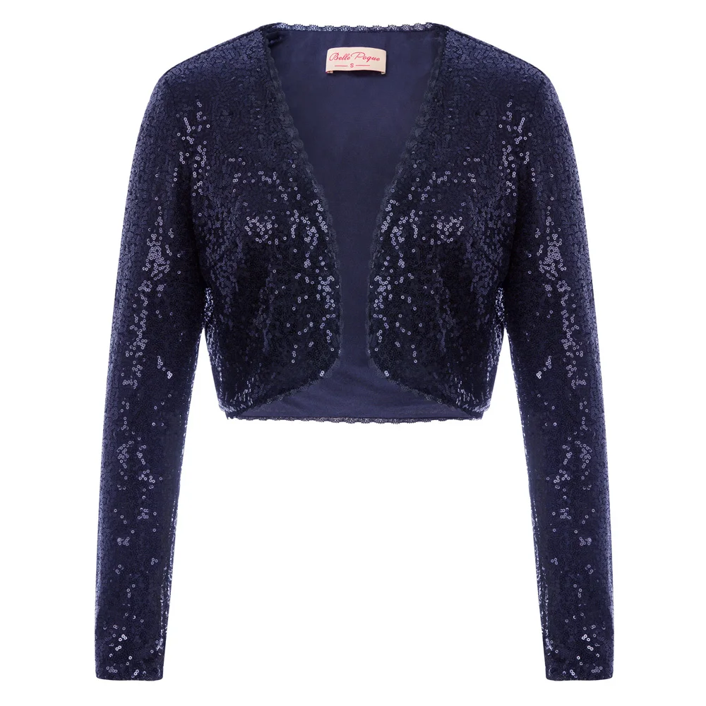 Navy Blue Лолита Блестящий блестками дамы укороченная длина пальто с длинным рукавом открытый передний Болеро классический черный серебряный вечерние женские куртки - Цвет: Navy Blue