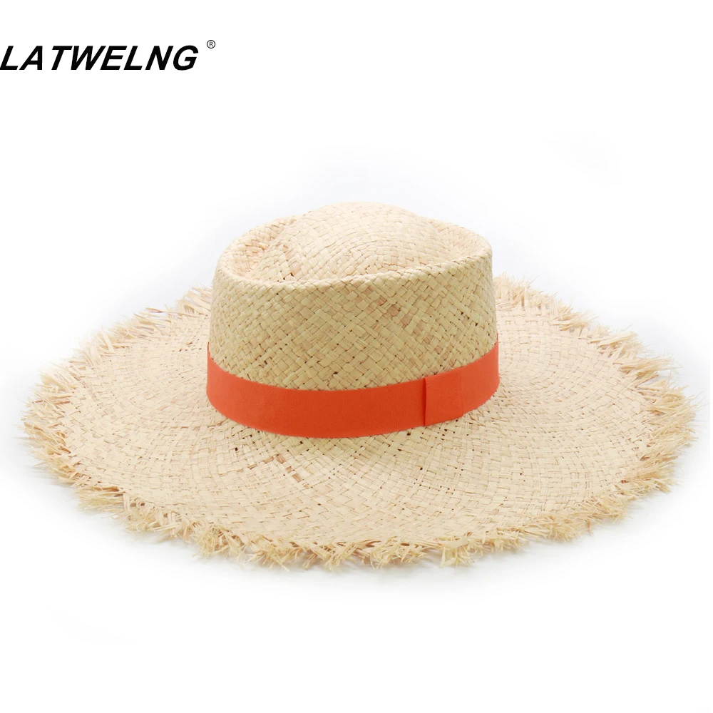 Модная оранжевая лента Солнечный свет Пляжная Шляпа головной убор для женщин тонкая соломенная рафия летняя шляпа от солнца Прямая поставка