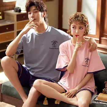 

Pajamas For Women Sets Summer Couple Short Sleeve Pyjamas Cotton Sleepwear men Lounge Tracksuit Home Clothing pijama Gift Female