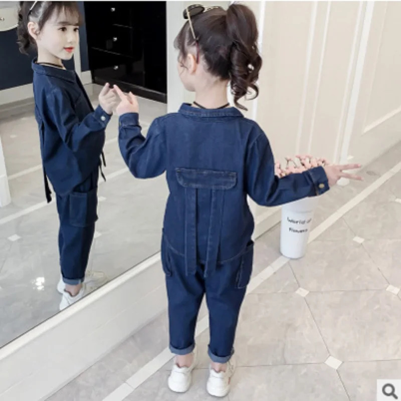 Детские комплекты одежды из джинсовой ткани Новинка года, весенне-осенние Size4-14 с отворотами синего цвета для девочек комплекты детской одежды комплект из 2 предметов ly337
