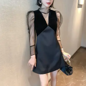

New Mesh Stitching Sexy Dress Women Spring Summer Long Sleeve Dress Vestidos Elegant Ladies Dresses Mini Short Party Dress C6136