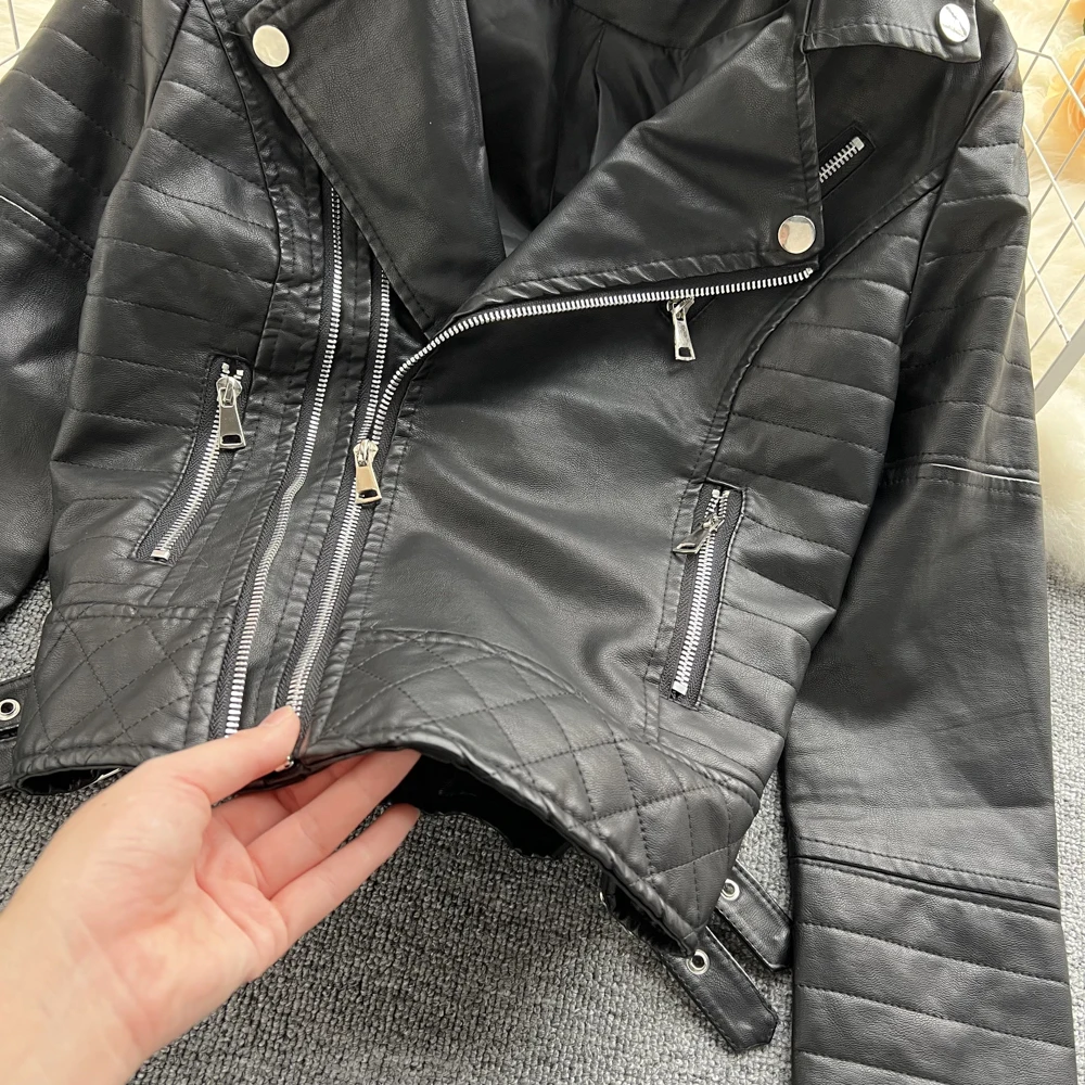 Women Faux Leather Jacket Autumn New Ladies Notched Collar Zipper Slim Black Pink Pu Leather Jacket Fashion Motorcycle Jacket black down jacket