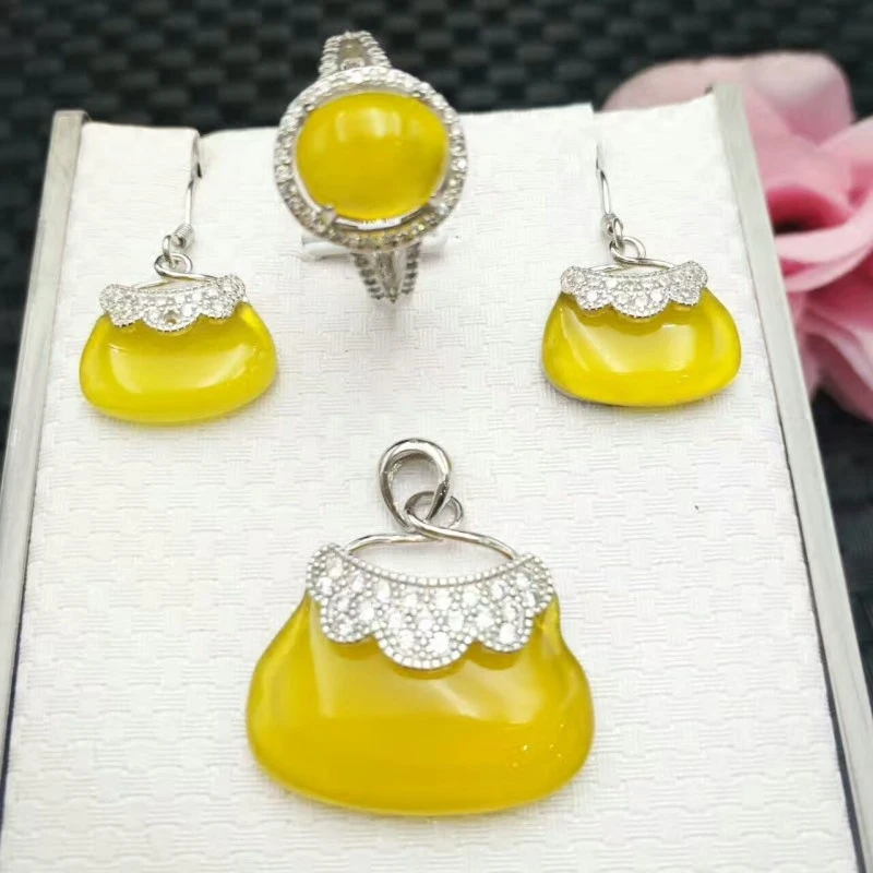 Natural ice-colored jade myelin package bag pendant earring ring three-piece set yellow and green two S925 silver inlaid women's