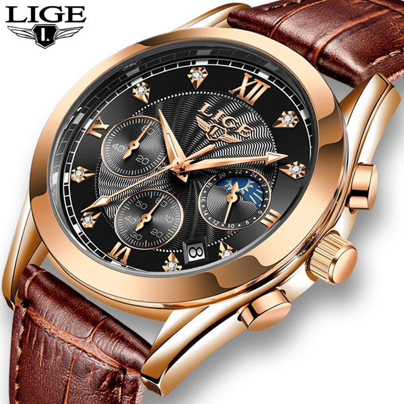 

2020 LIGE New Fashion Mens Watches Top Brand Luxury Military Quartz Watch Premium Leather Waterproof Sport Chronograph Watch Men