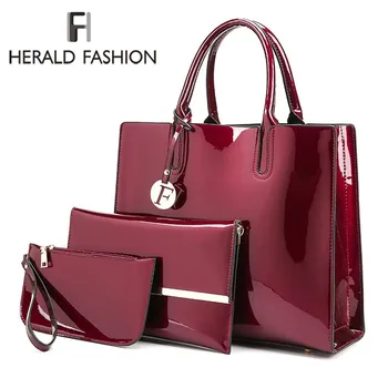 

Herald Fashion Bright Solid Patent Leather Women Bags Ladies Simple Luxury 3 Sets Handbags Casual Female Shoulder Messenger Bags