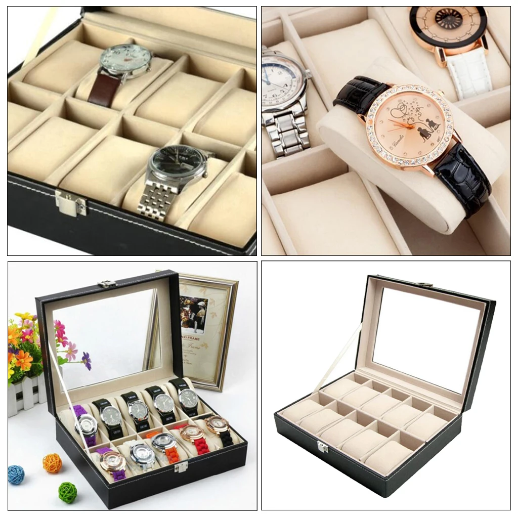10 Slot Leather Watch Box Glass Top Watch Jewelry Display Case Organizer Business Storage Organizer with Removable Cushion