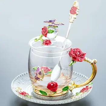 

2019 New Elegant Red Blue Rose Enamel Cup Flower Tea Cup Pyrex Office Coffee Cup Juice Cup