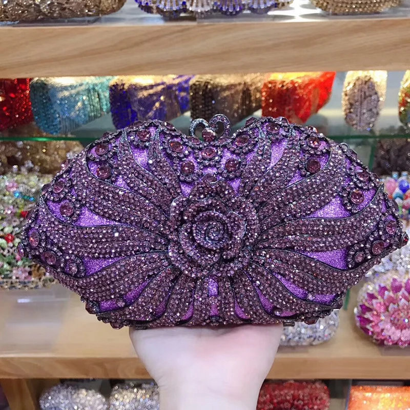 2020 New Purple Rhinestone Evening Bags Clutches Luxury Women’s Crystal Shoulder Summer Cluth Ladies Diamond Party Mini  Purse