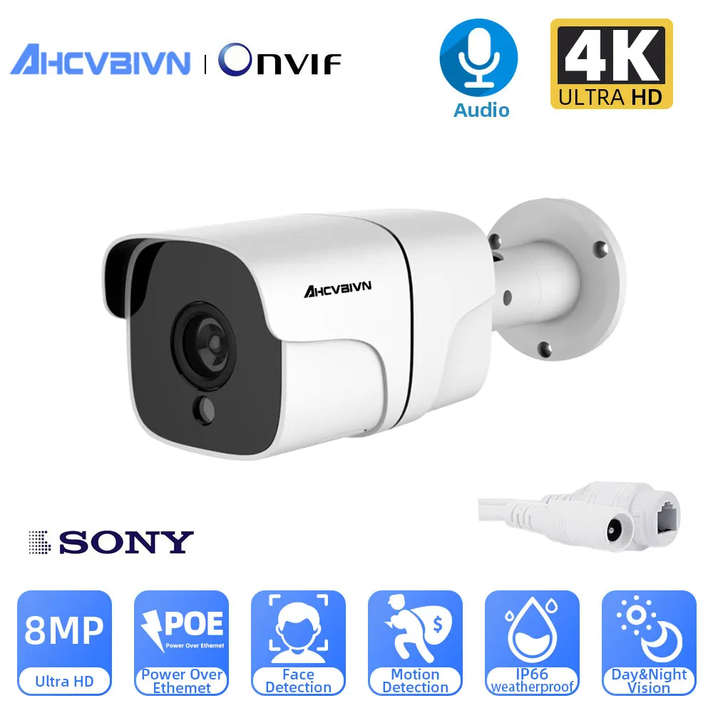 

AHCVBIVN 4K 8MP POE IP Camera Outdoor Waterproof Audio CCTV Bullet Camera Motion Detection ONVIF For PoE NVR 48V