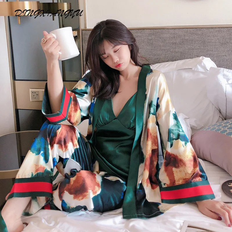 

pajamas women women's new imitation silk sling three-piece kimono printing long-sleeved pajamas set women autumn clothes