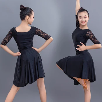 

2020 Latin Dance Dresses For Girls Black Lace Sleeves Children Dancers Clothes Cah Cha Training Competition Black Dress 3482