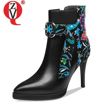 

ZVQ high quality genuine leather ankle boots outside super high heels platform print zip buckle office women shoes drop shipping