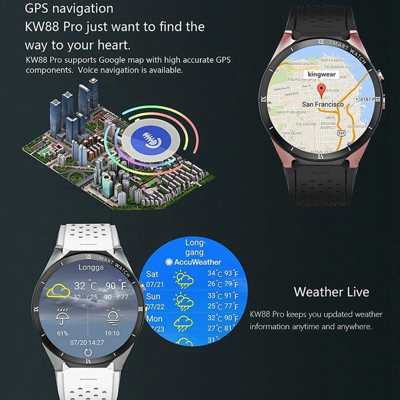 Смарт-часы kingwear Kw88 Pro 3g Android 7,0 1. 3g Гц четырехъядерный 16 Гб Wifi Gps 2Mp камера монитор сердечного ритма 3g Смарт-часы мобильный
