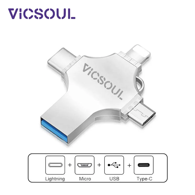 Vicsoul 4 в 1 USB 3,0 флеш-накопитель для iPhone/Android Тип C Usb ключ OTG Флешка 128 Гб 64 ГБ 32 ГБ 16 ГБ мини-флешка