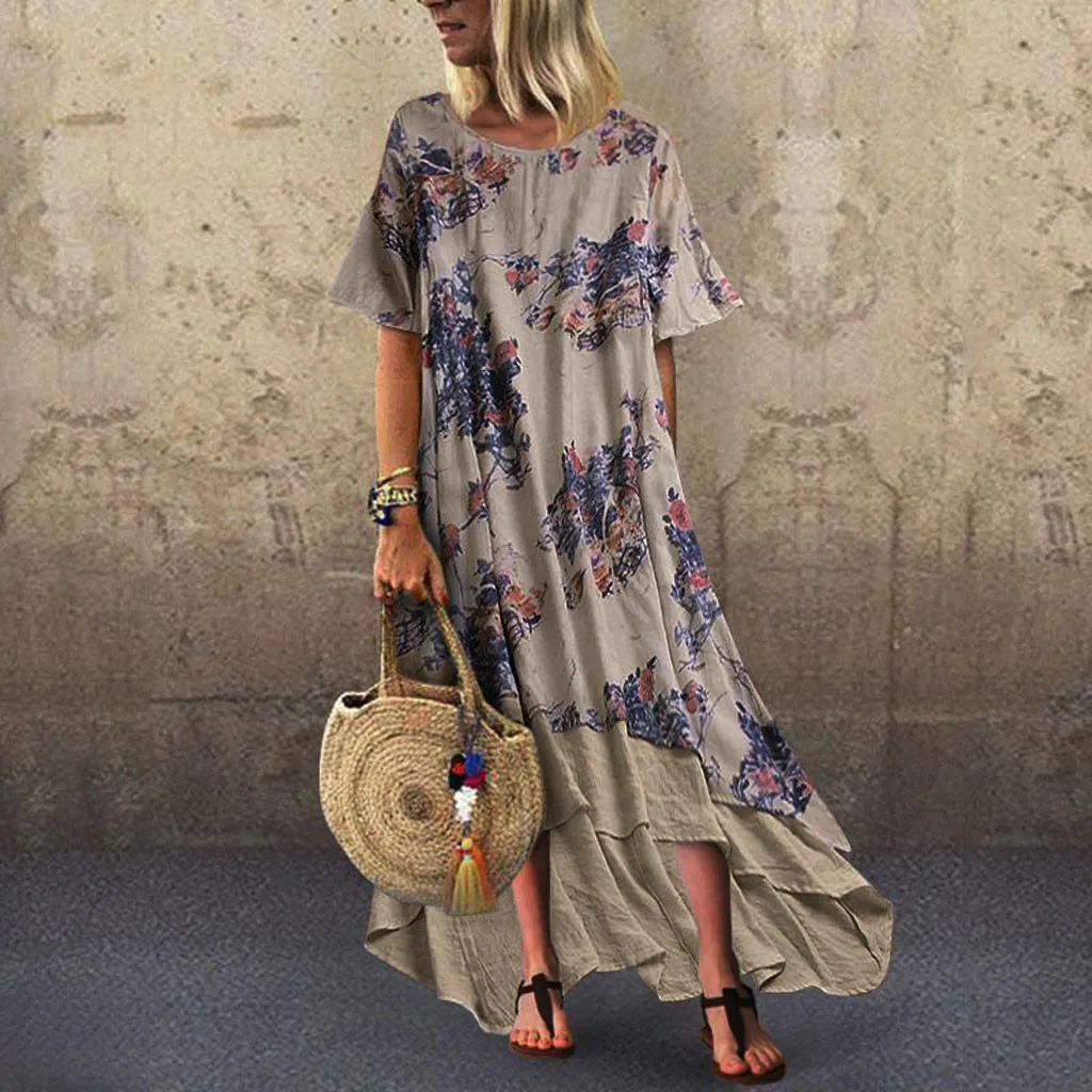 

2019 Summer Linen Dresses Women Boho Patchwork Short Sleeve O-Neck Maxi Dress Loose Plus Size Long Dress Vintage Vestidos Robe