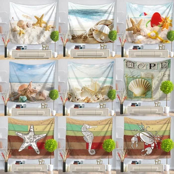 

Marine Starfish Shell Wall Tapestry Sea Print Home Decorative Seahorse Conch Tapete Bedroom Blanket Table Cloth