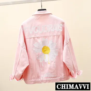 

Candy-Colored Denim Jacket Women 2020 New Spring and Autumn Streetwear Short Coats Daisy Embroidery Students Casual Jeans Jacket