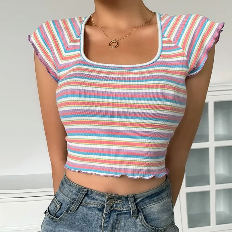 

Multicolor T-shirt Crop Tops Women Stripe Ruffled Sexy Knitted Square neck Short Sleeve Tshirt Summer Casual Crop Tops Tshirt