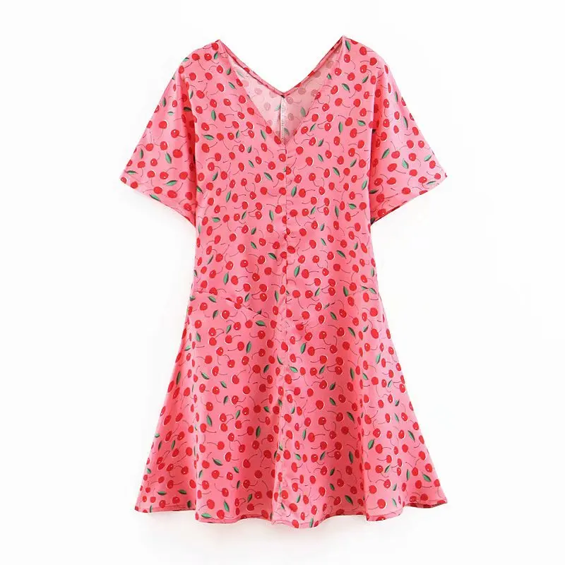 

Western Style 2019 New Style WOMEN'S Dress Wholesale V-neck Slim Fit Slimming Cherry Printed One Piece Short Skirt