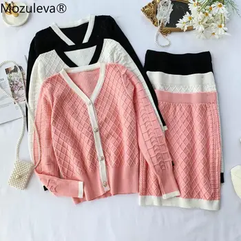 

Women Autumn Winter 2PCS Clothing Set Elegant V-Neck Long Sleeve Cardigan+Mini Skirt Sets Two Piece Knitted Suits Sets Sweatsuit