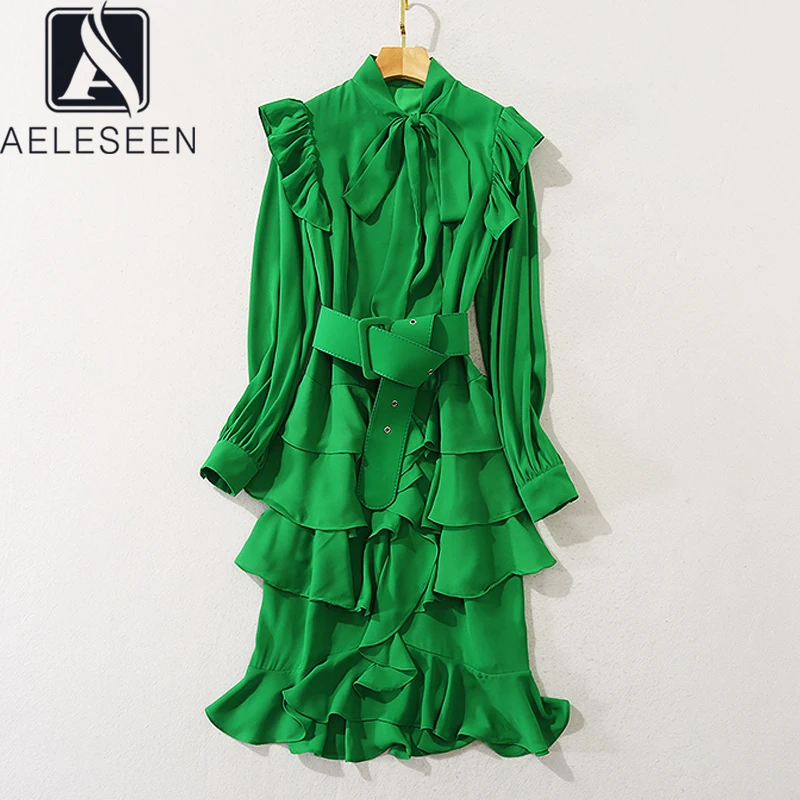 AELESEEN Runway Fashion Green Dress Designer