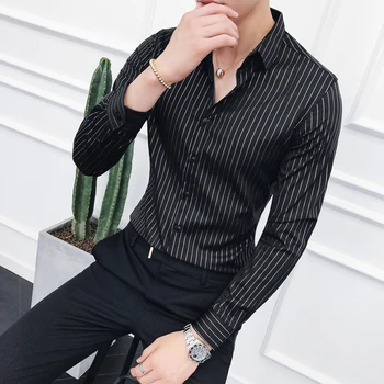 

2020 Autumn Long Sleeve Striped Shirt Male High Quality Korean Slim Trend Hair Stylist British Handsome Wrinkle-Free Shirt
