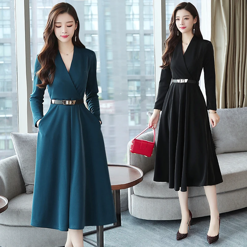 

Women Long Blue Red Black Pocket Dress Autumn Winter Long Sleeve Casual Lady Work Office Dress Korean Slim Elegant Runway Dress