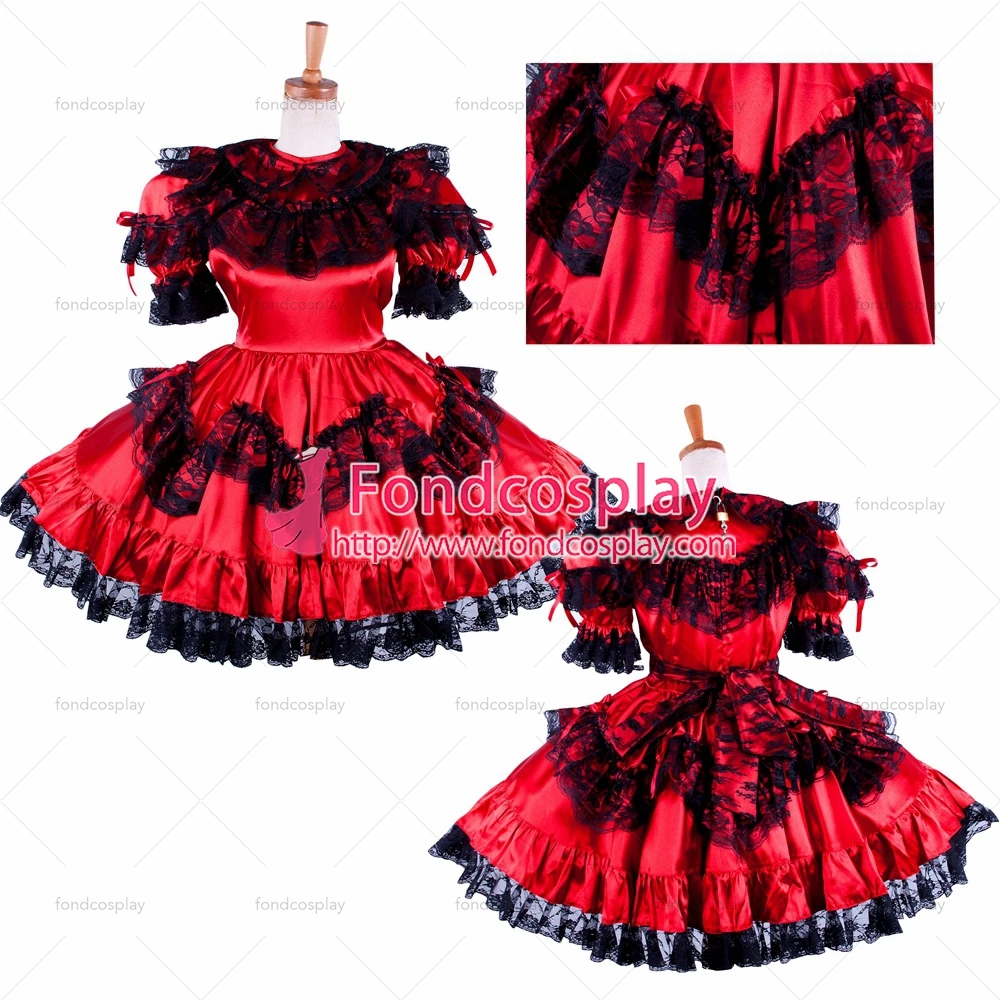 fondcosplay adult sexy cross dressing sissy maid short lockable red Satin dress Uniform costume Tailor-made[G1590] |