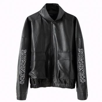 

HipHop Men PU Leather Jackets Streetwear Casual Motorcycle Letter Embroidery Sleeves Jacket Vintage Big Pocket Zipper Coats Tops