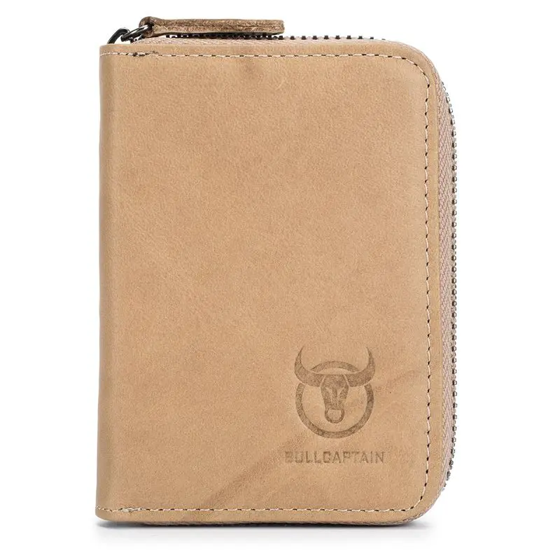Khaki BULLCAPTAIN Genuine Leather Men Wallet Card Pack Zipper Card Case Holder Credit Card Bag Short Coin Purse - Color: Khaki
