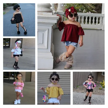 

Summer 3pcs Set Toddler Kids Baby Girls Clothes Sets Off Shoulder Tops T-shirt Denim Shorts Pants Jeans Headbands Outfits Set