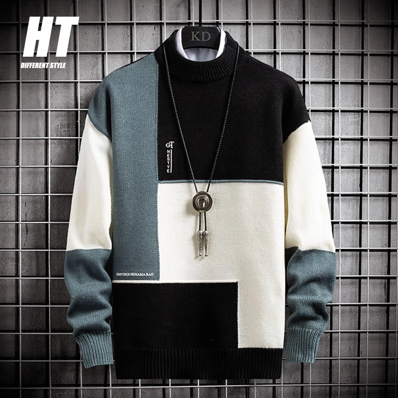 Suéter informal de cuello alto para hombre, suéteres en forma de retales ajustados, cuello redondo, jerseys de invierno, 3XL, nuevo, 2020